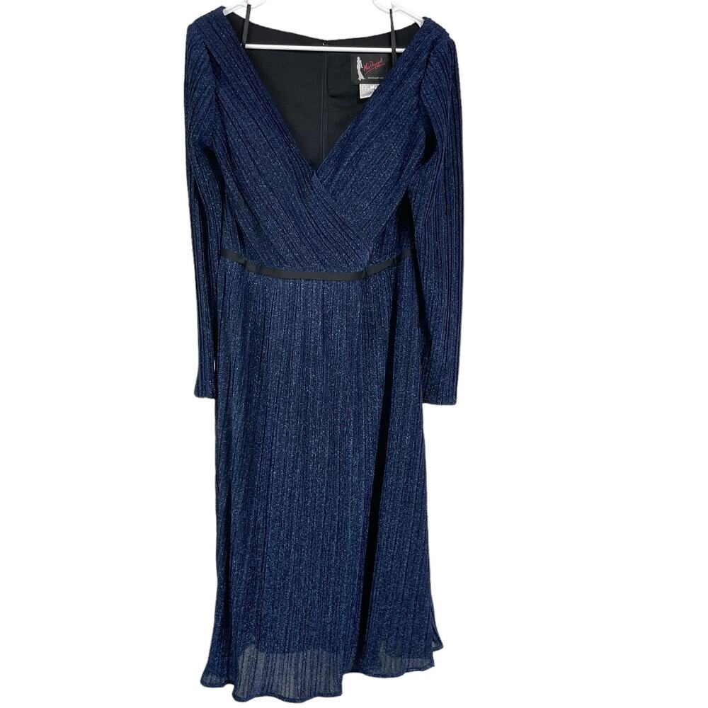Mac Duggal NWT Shimmering Faux Wrap Cocktail Dress Size 22W Sapphire Blue Belted - Picture 2 of 8